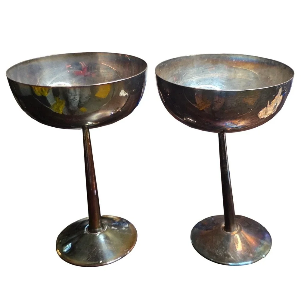 Silverplate Goblets Pair Vintage Mid Century Modern Style Tarnish Silver
